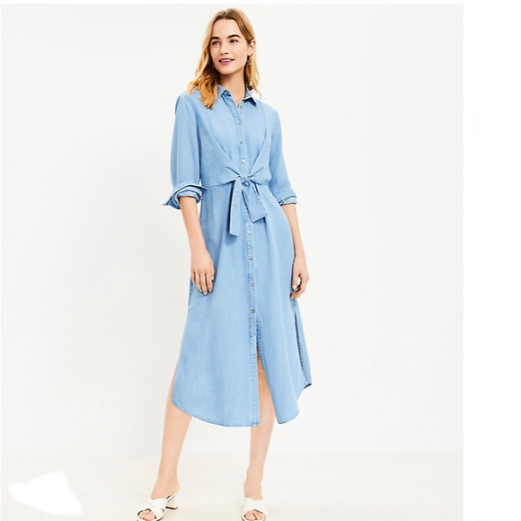 LOFT Dresses & Skirts - LOFT | Chambray Knot Front Midi Shirtdress NEW